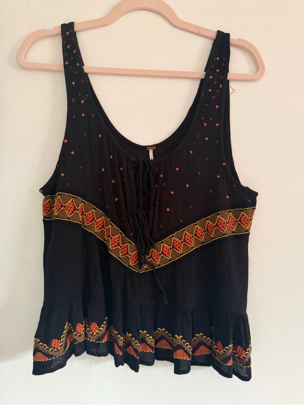Free People Black Tank Top with Orange and Gold Embroidery